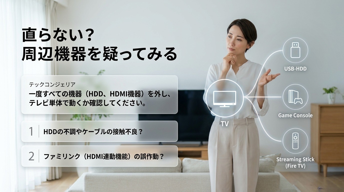 外付けUSB-HDDやゲーム機やストリーミング端末を外してAQUOSテレビの不具合原因を確認する方法