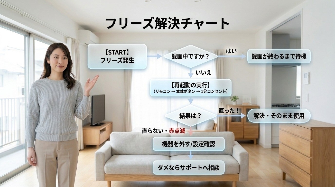 録画中の確認から再起動、周辺機器の切り分け、サポート相談までのAQUOSテレビのフリーズ解決手順