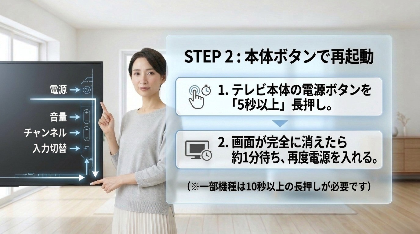 テレビ本体の電源ボタンを5秒以上長押しして再起動する手順