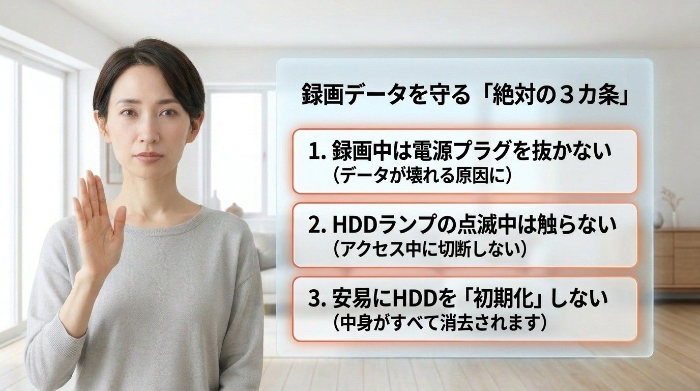 録画中の電源プラグ切断とHDDアクセス中の操作や初期化を避ける注意点