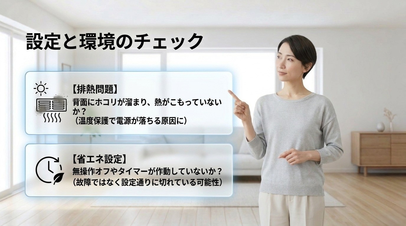 AQUOSテレビ背面のホコリと排熱状態や無操作オフなどの省エネ設定を確認するポイント