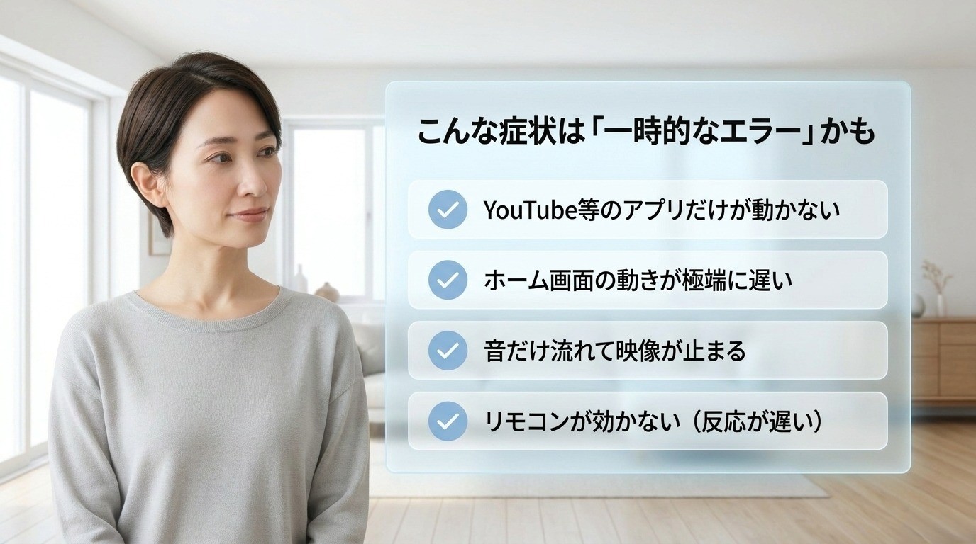 アプリが動かない、ホーム画面が遅い、映像が止まるなどAQUOSテレビの一時的なエラー症状