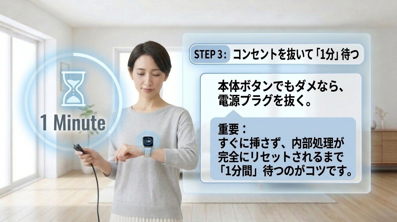 AQUOSテレビの電源プラグを抜いて約1分待ってから差し直す再起動手順