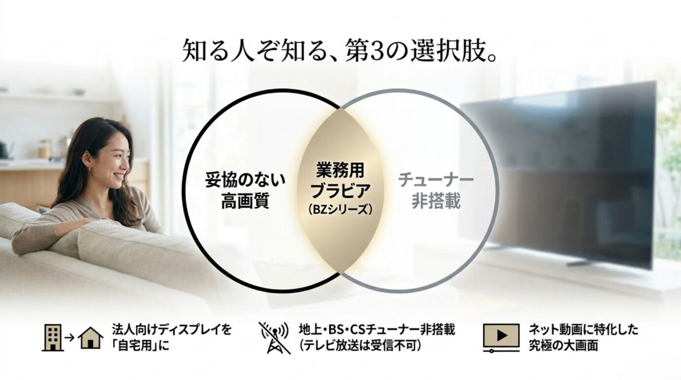 業務用ブラビアという第3の選択肢 妥協のない高画質とチューナー非搭載を両立する業務用ブラビアBZシリーズの位置づけを示した図