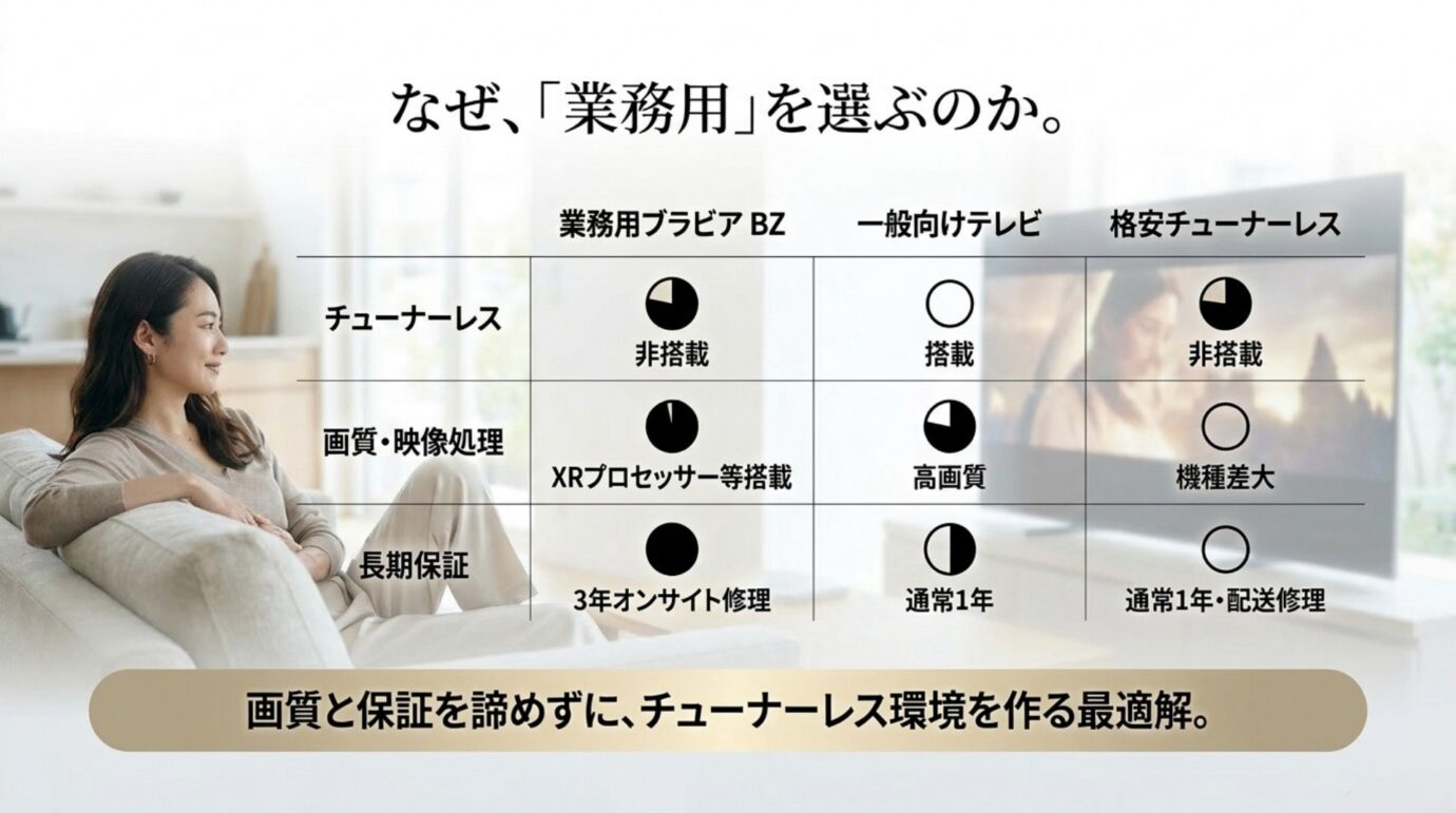 業務用ブラビアと一般テレビの比較 業務用ブラビアBZシリーズ、一般向けテレビ、格安チューナーレステレビの違いを比較したスライド