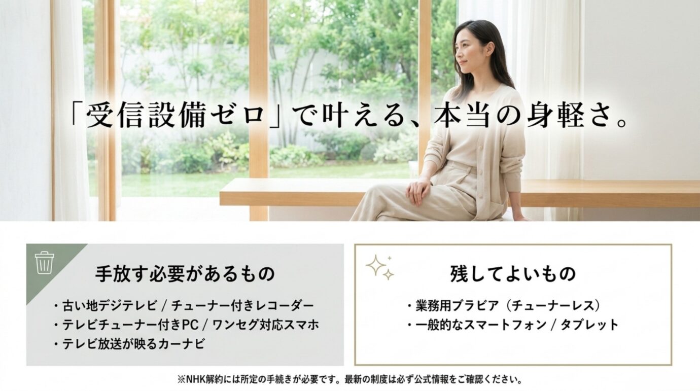 NHK解約前に確認したい受信設備ゼロの考え方 NHK解約を検討する前に手放す必要があるテレビ受信設備と残してよい機器を整理した図