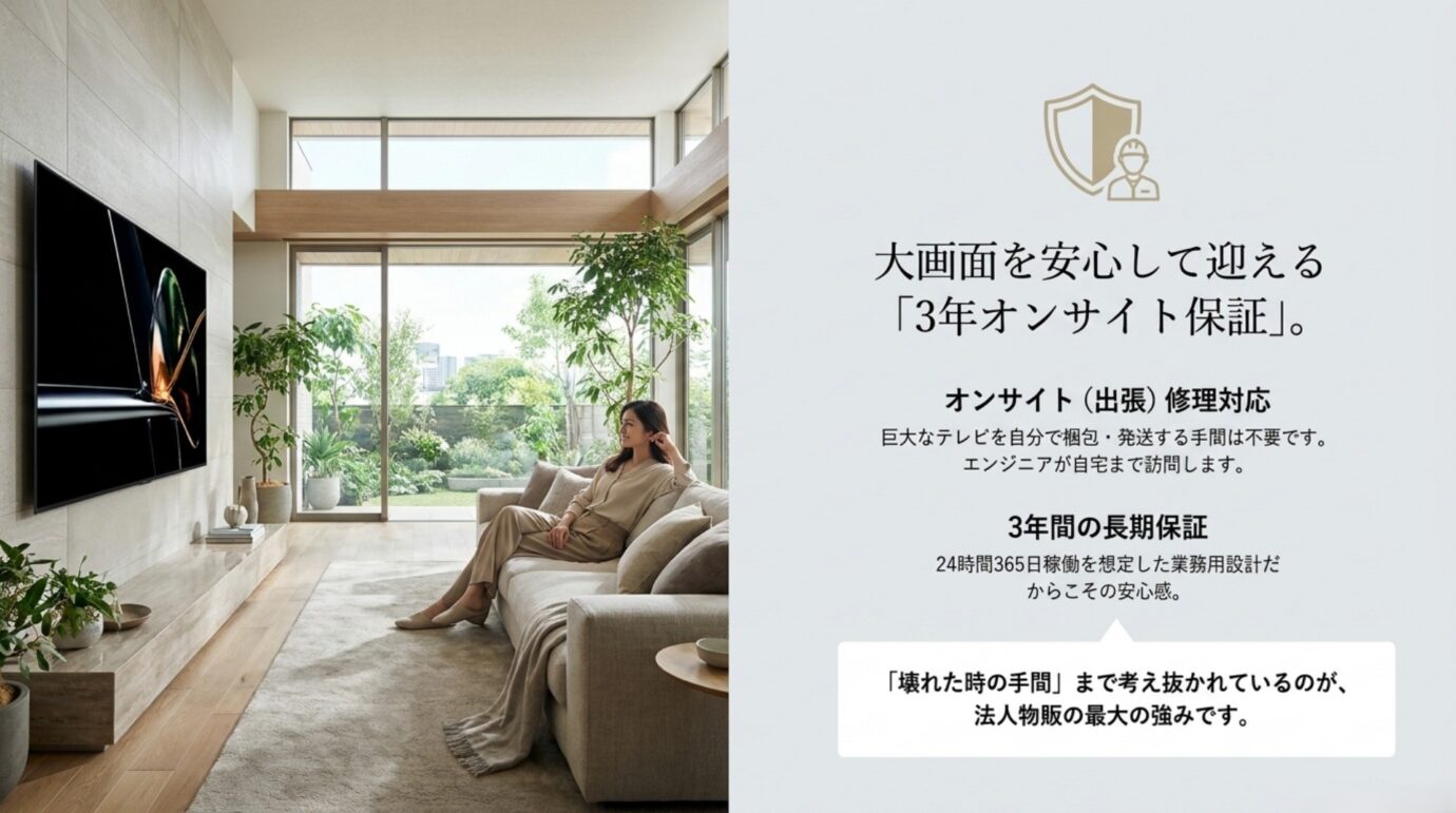 業務用ブラビアの3年オンサイト保証 大画面の業務用ブラビアを安心して迎えるための3年オンサイト保証を説明したスライド