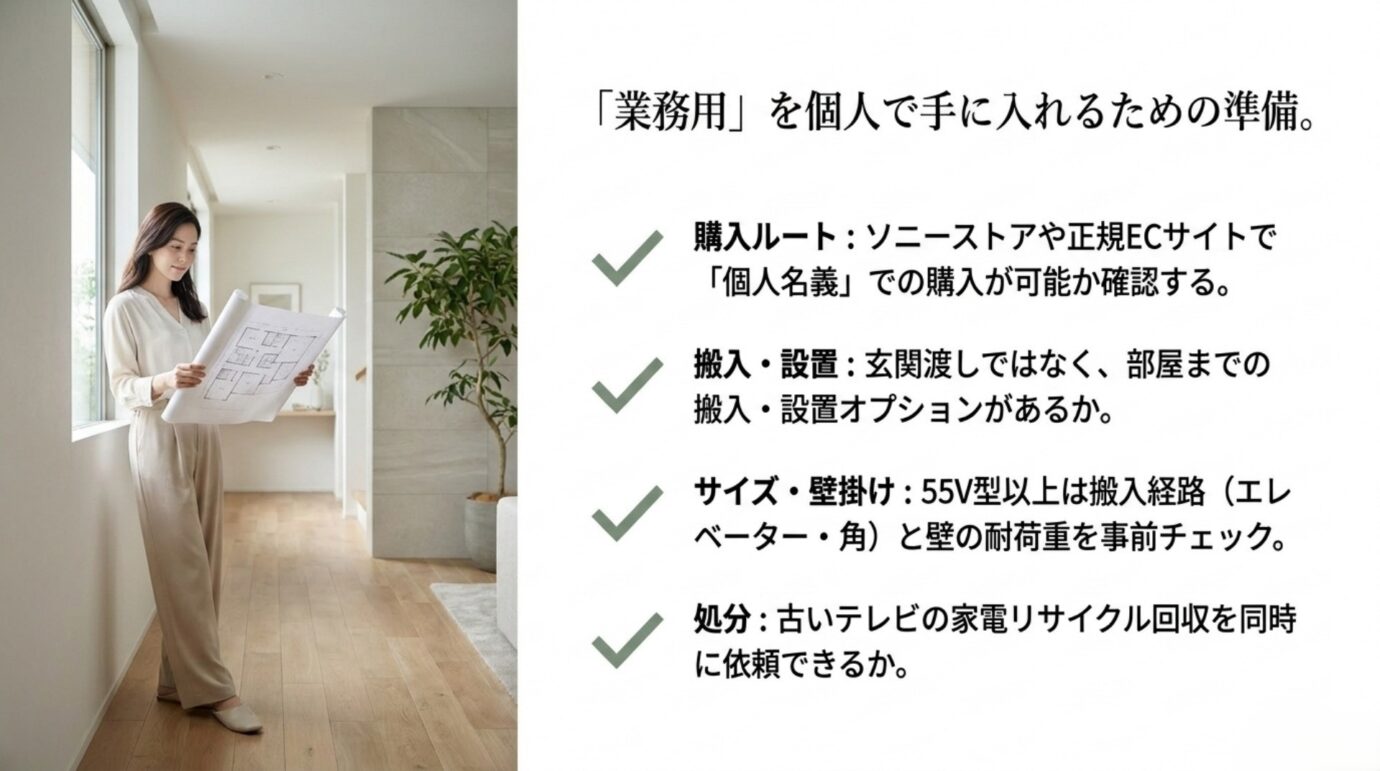 業務用ブラビアを個人で購入する準備 業務用ブラビアを個人で購入する前に確認したい購入ルート、搬入設置、サイズ、処分のチェックリスト