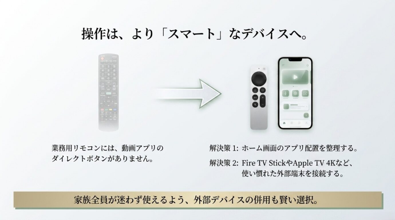 業務用ブラビアのリモコン問題と解決策 業務用ブラビアのリモコンに動画アプリのダイレクトボタンがない場合の対策を示した図