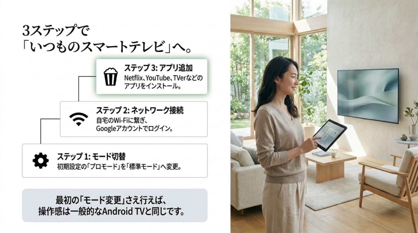 業務用ブラビアをスマートテレビ化する3ステップ 業務用ブラビアを標準モードへ切り替え、ネットワーク接続し、動画アプリを追加する3ステップの図