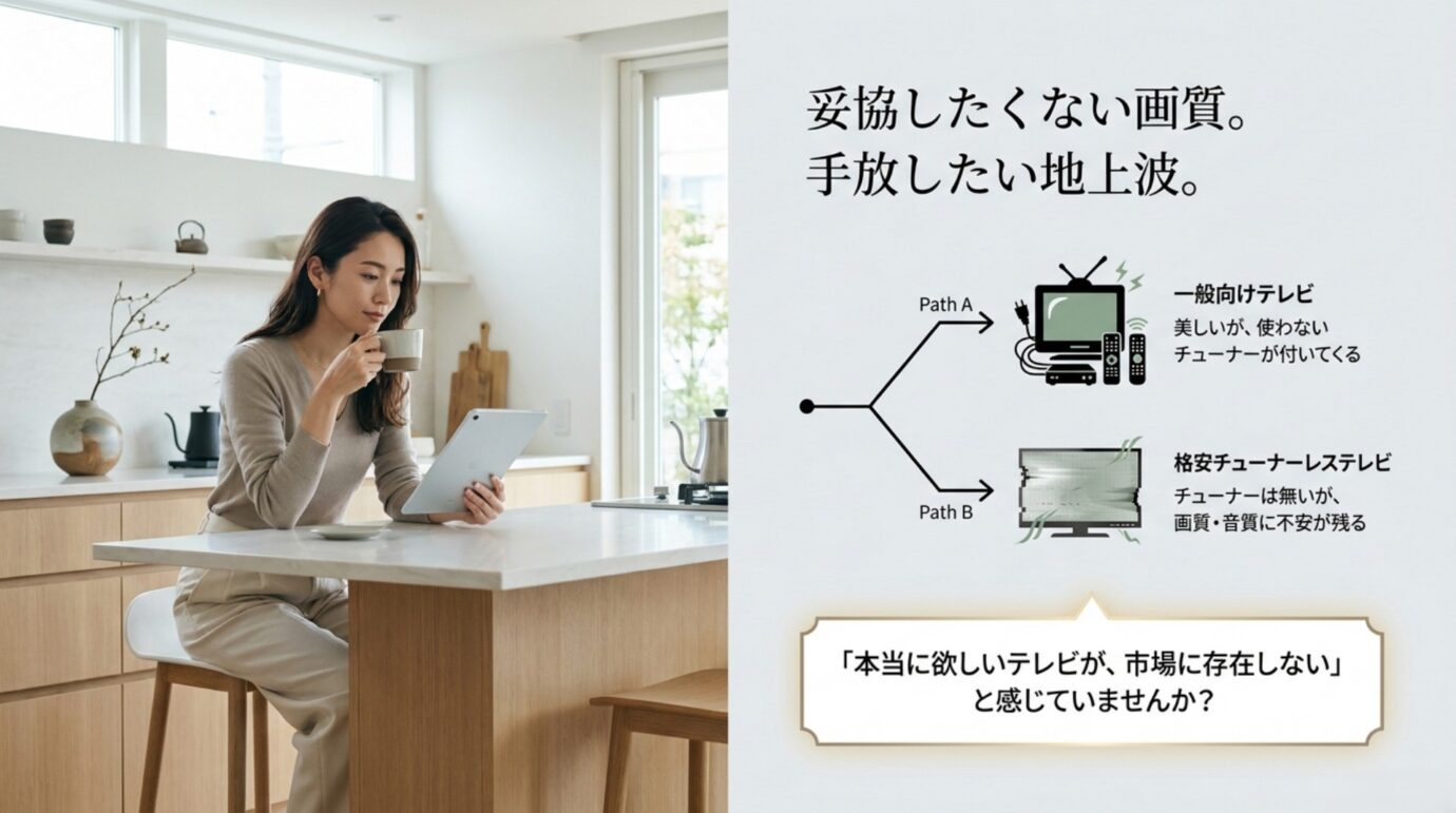 妥協したくない画質と手放したい地上波 BRAVIAの高画質は欲しいが地上波チューナーは不要と感じる人の悩みを示した図