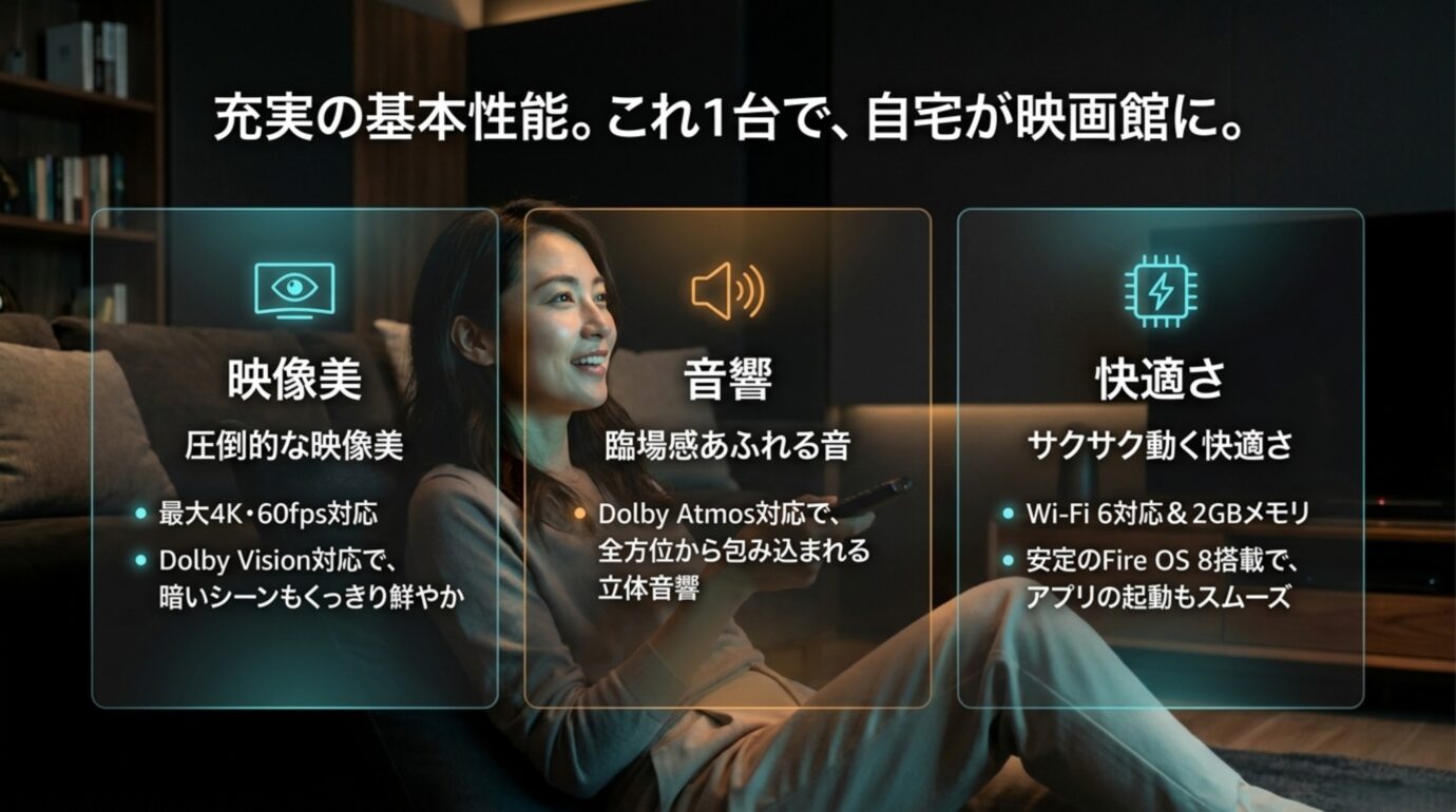 4K映像 Dolby Atmos Wi-Fi 6 Fire OS 8に対応するFire TV Stick 4K Plusの性能