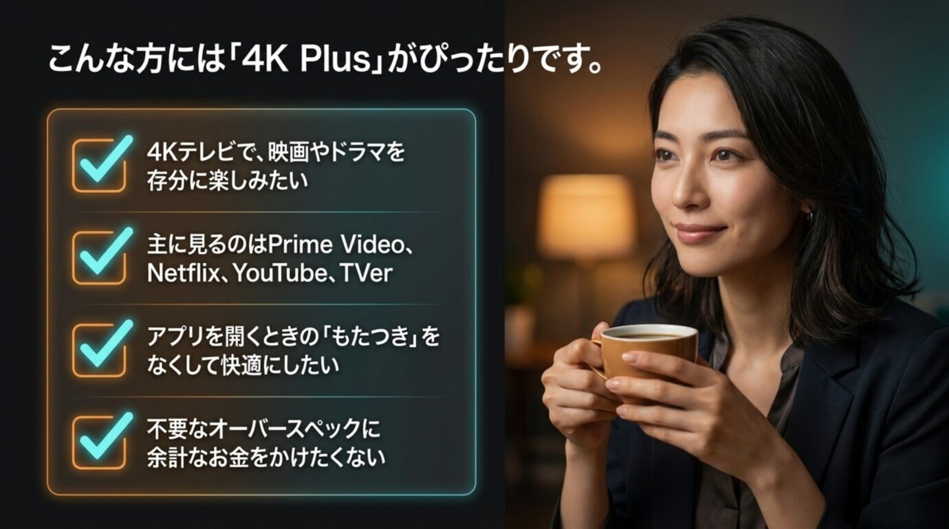 4Kテレビで動画を快適に見たいなどFire TV Stick 4K Plusが向く人の条件