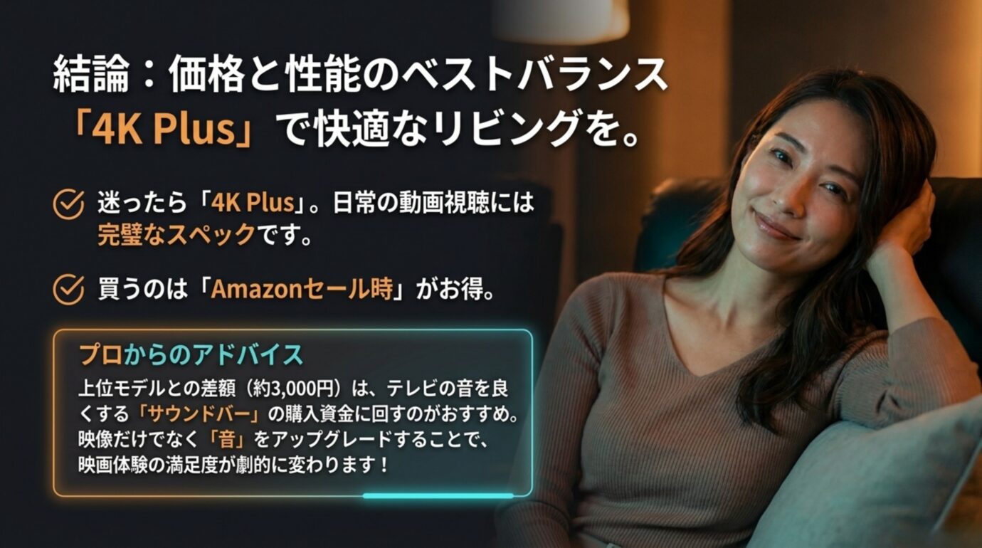 価格と性能のバランスからFire TV Stick 4K Plusを推奨する記事の結論
