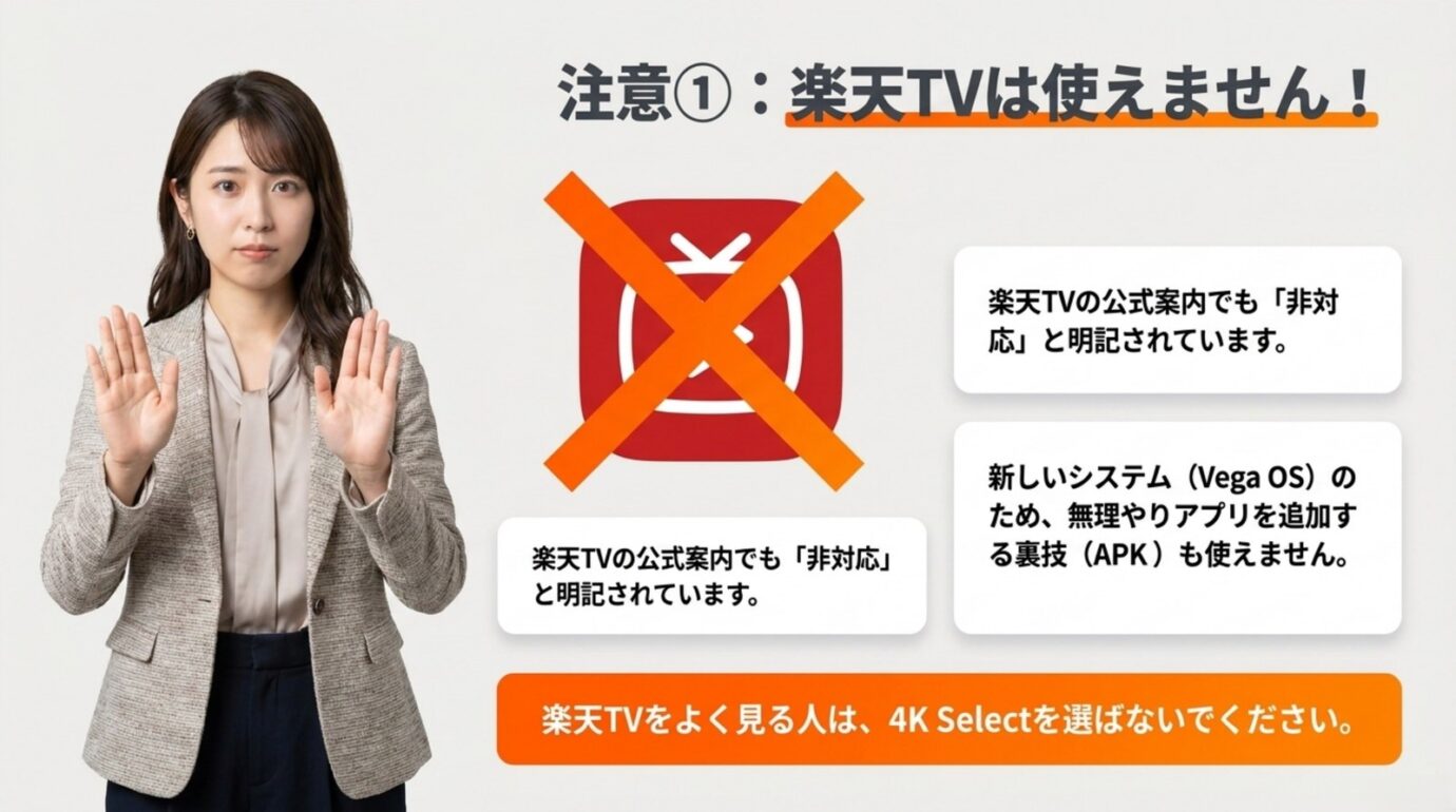 Fire TV Stick 4K Selectでは楽天TVを利用できないことを示す注意画像