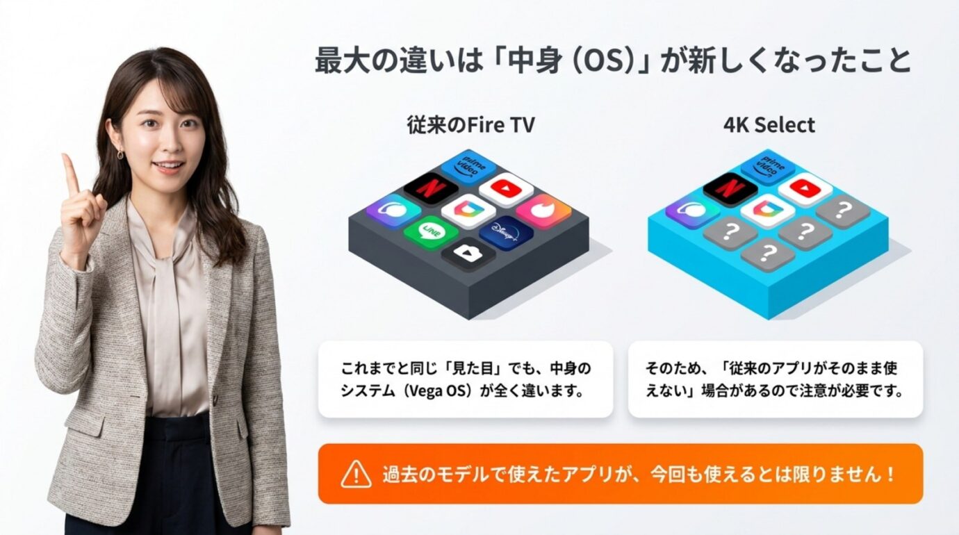従来のFire OSとFire TV Stick 4K SelectのVega OSによるアプリ互換性の違い