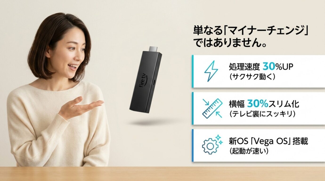 Fire TV Stick HD 2026の処理速度30％向上、本体幅30％スリム化、Vega OS搭載を示す図