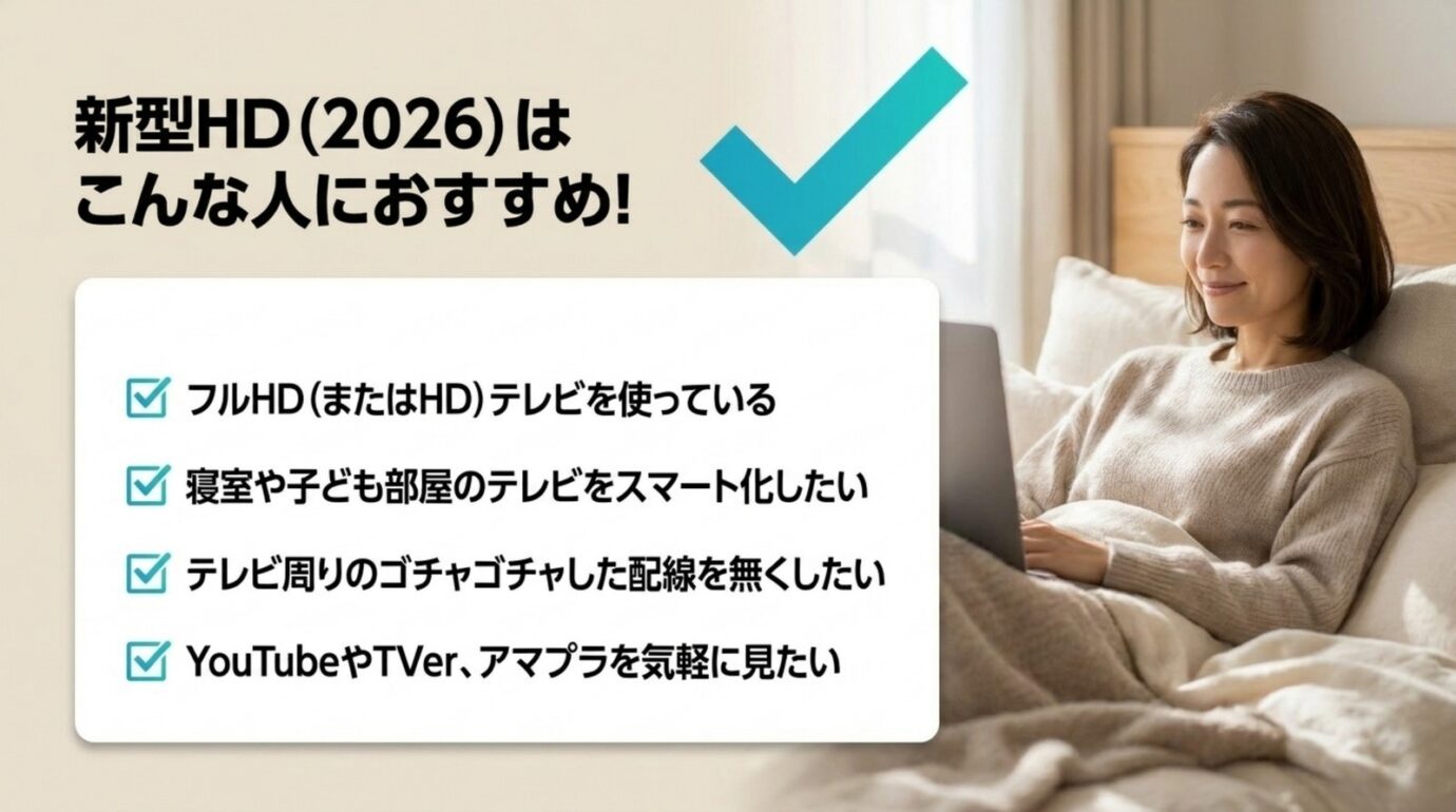 フルHDテレビ、寝室や子供部屋、配線を減らしたい人、YouTubeやTVerを見たい人に新型HDがおすすめと示す図