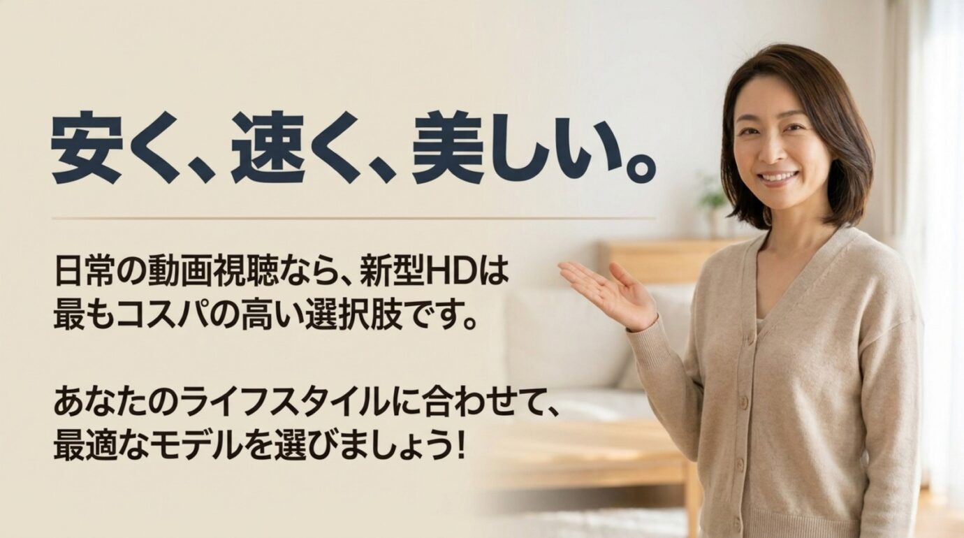 Fire TV Stick HD 2026は日常の動画視聴に向く安く速く美しいモデルだとまとめた図