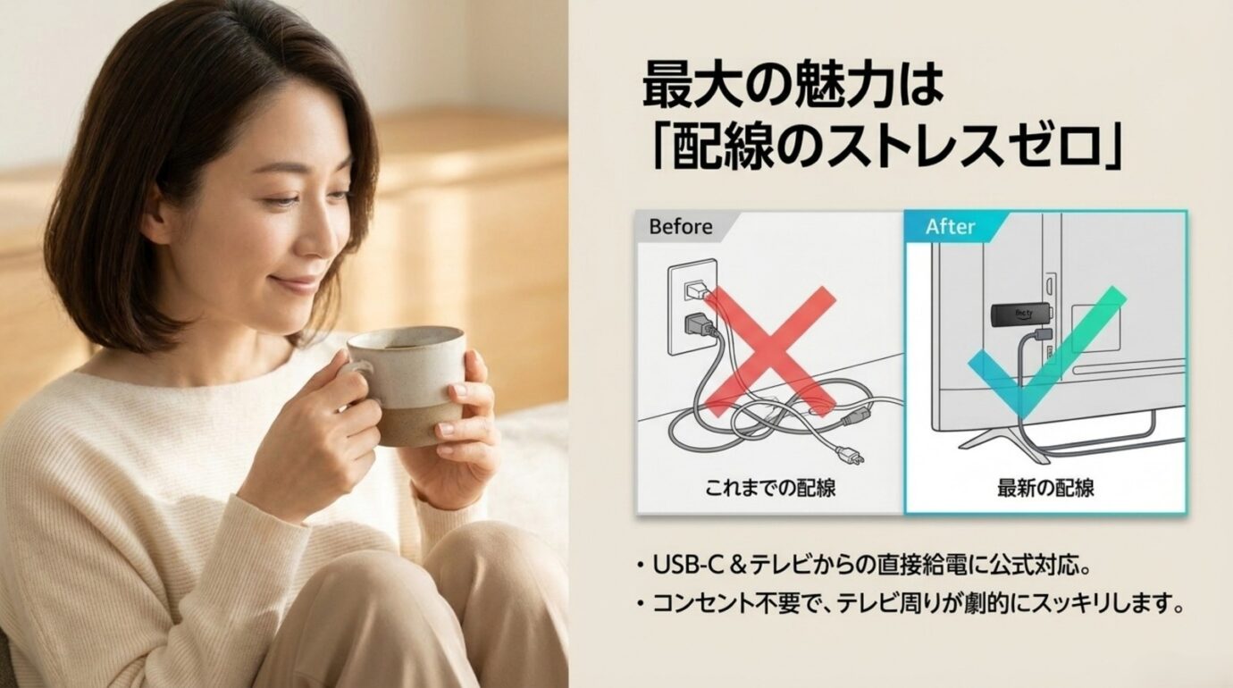 Fire TV Stick HD 2026をUSB-Cケーブルでテレビから直接給電し配線をすっきりさせる図