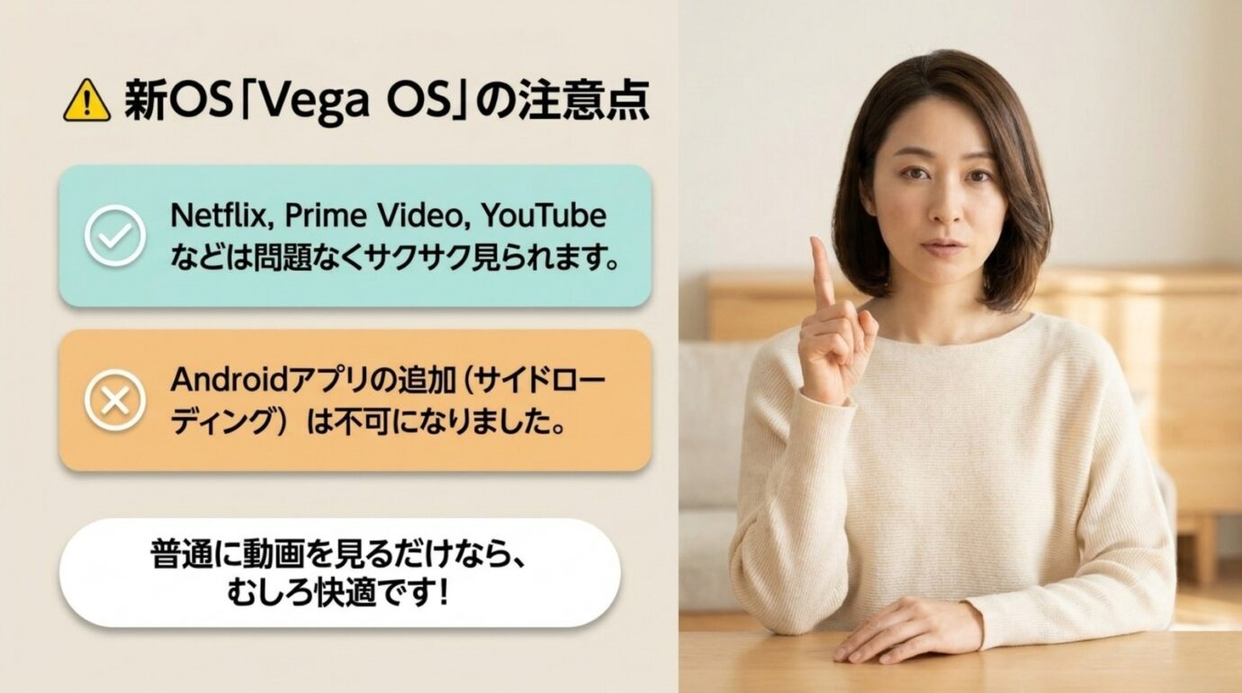 Vega OSでは主要動画サービスを視聴できる一方でAndroidアプリのサイドローディングができない注意点