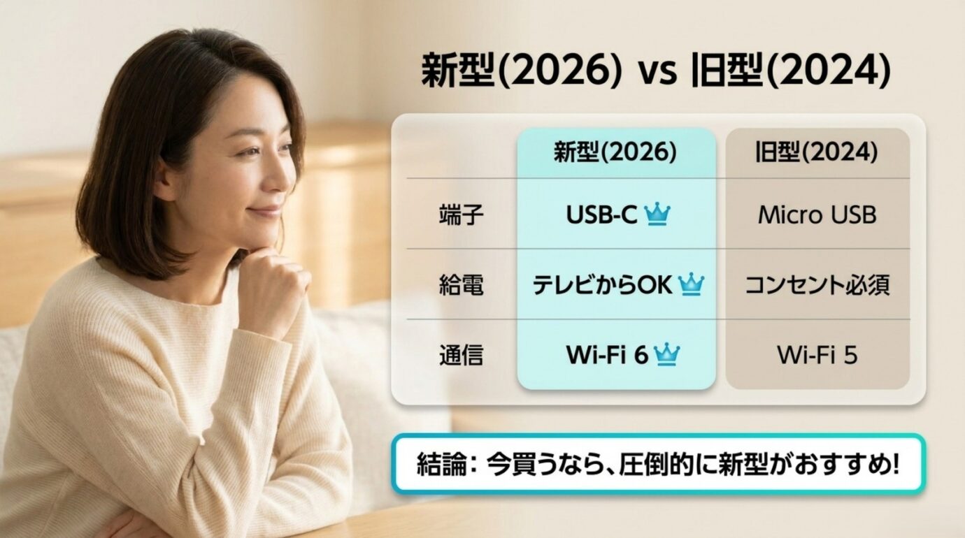 Fire TV Stick HD 2026と2024年旧型のUSB端子、給電方法、Wi-Fi規格を比較した図
