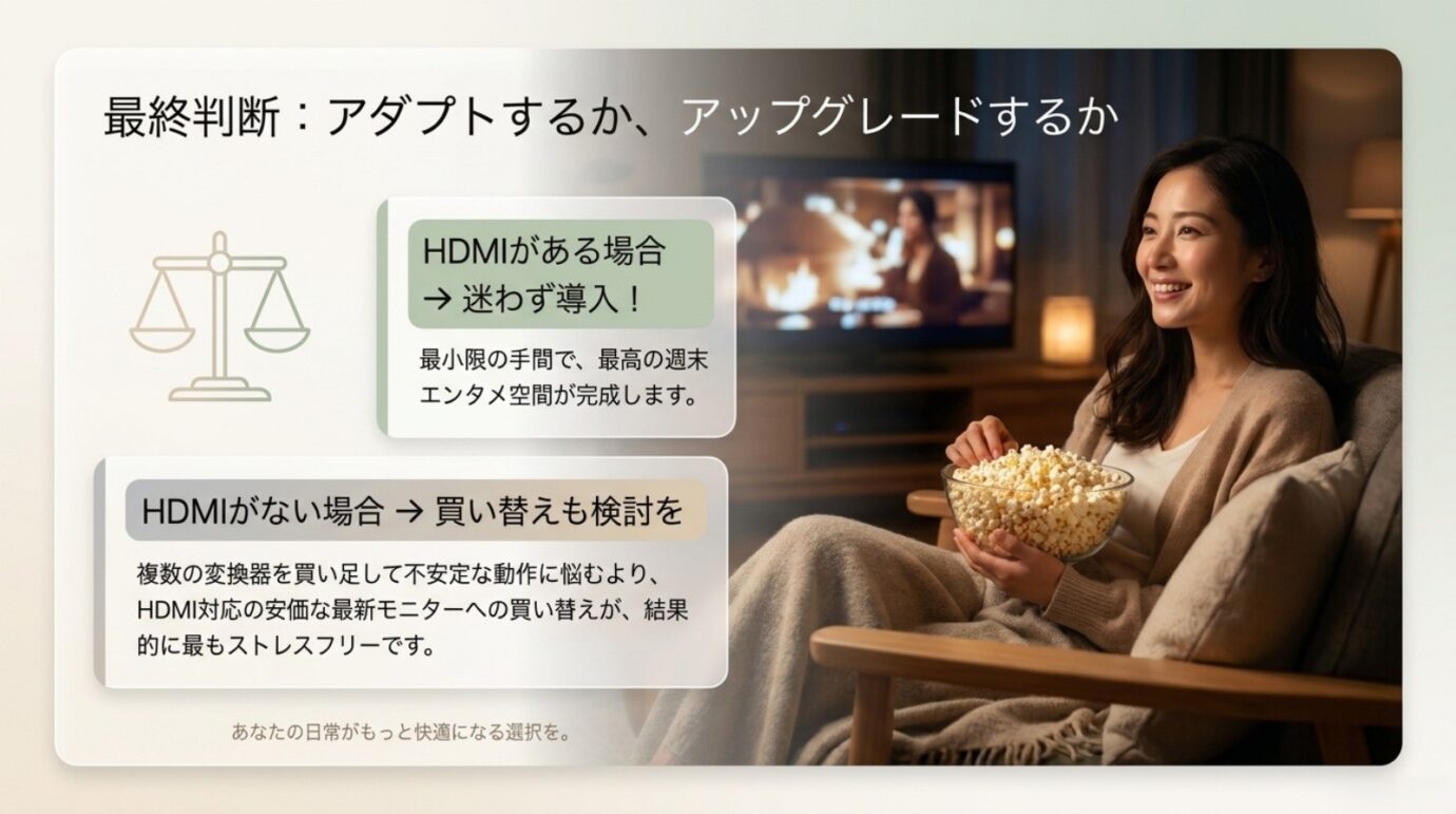 HDMI端子があるテレビはFire TV Stickを導入し端子がないテレビは買い替えも検討する判断図