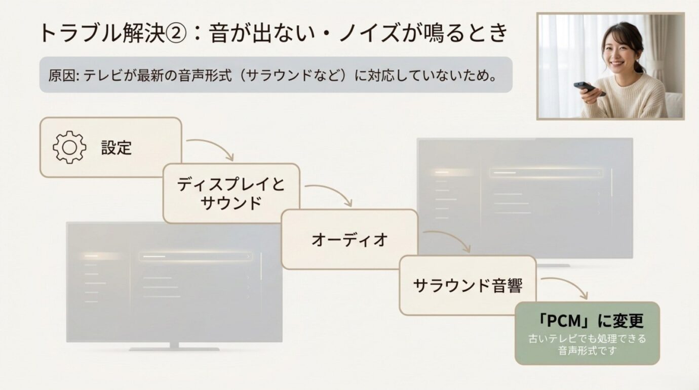 Fire TV Stickで音が出ない時にサラウンド音響をPCMへ変更する設定手順