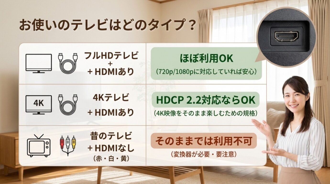 フルHDテレビと4KテレビとHDMI端子がない古いテレビの対応状況を比較した図