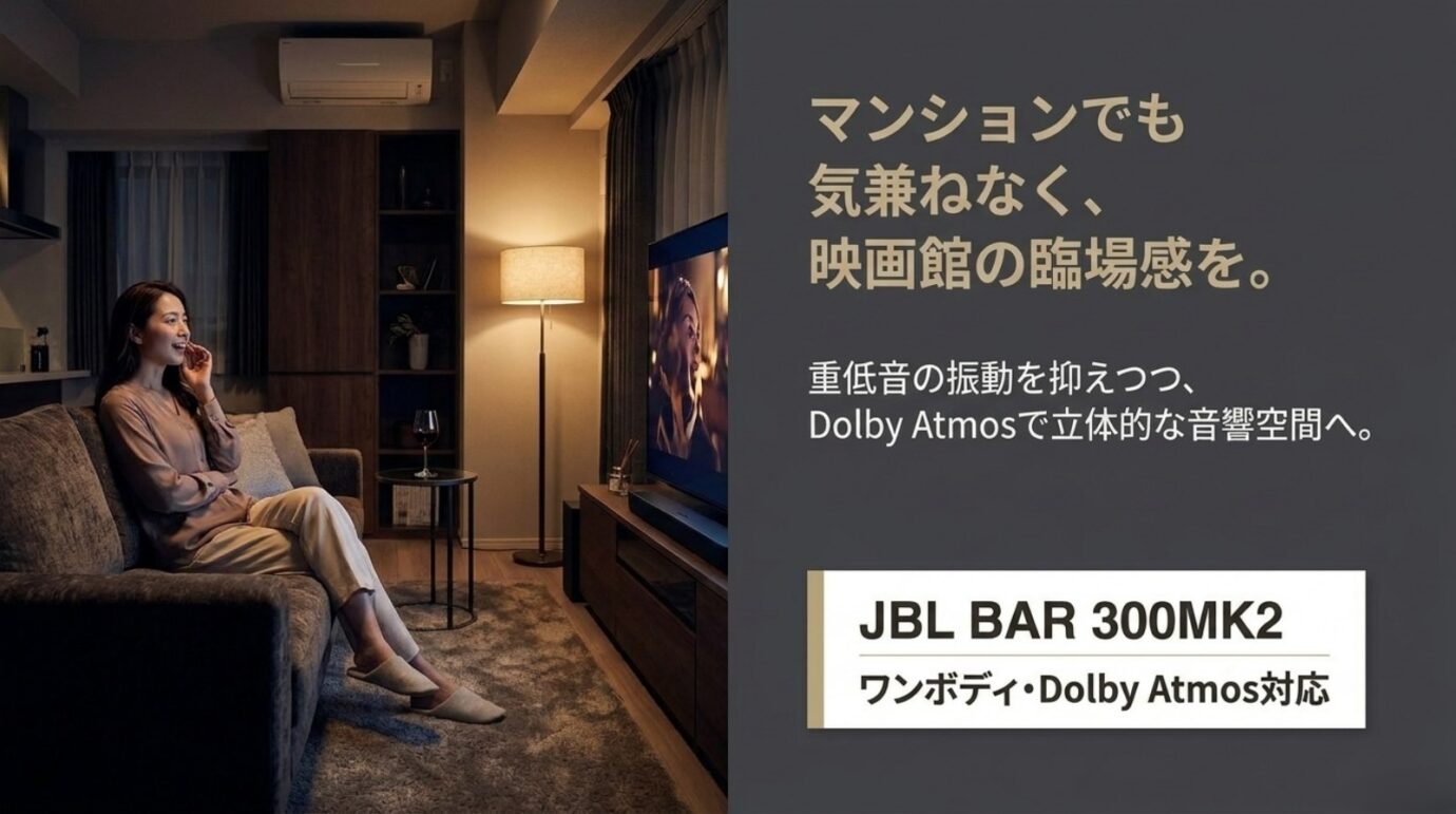 マンションで重低音の振動を抑えながらDolby Atmosを楽しめるJBL BAR 300MK2のスライド