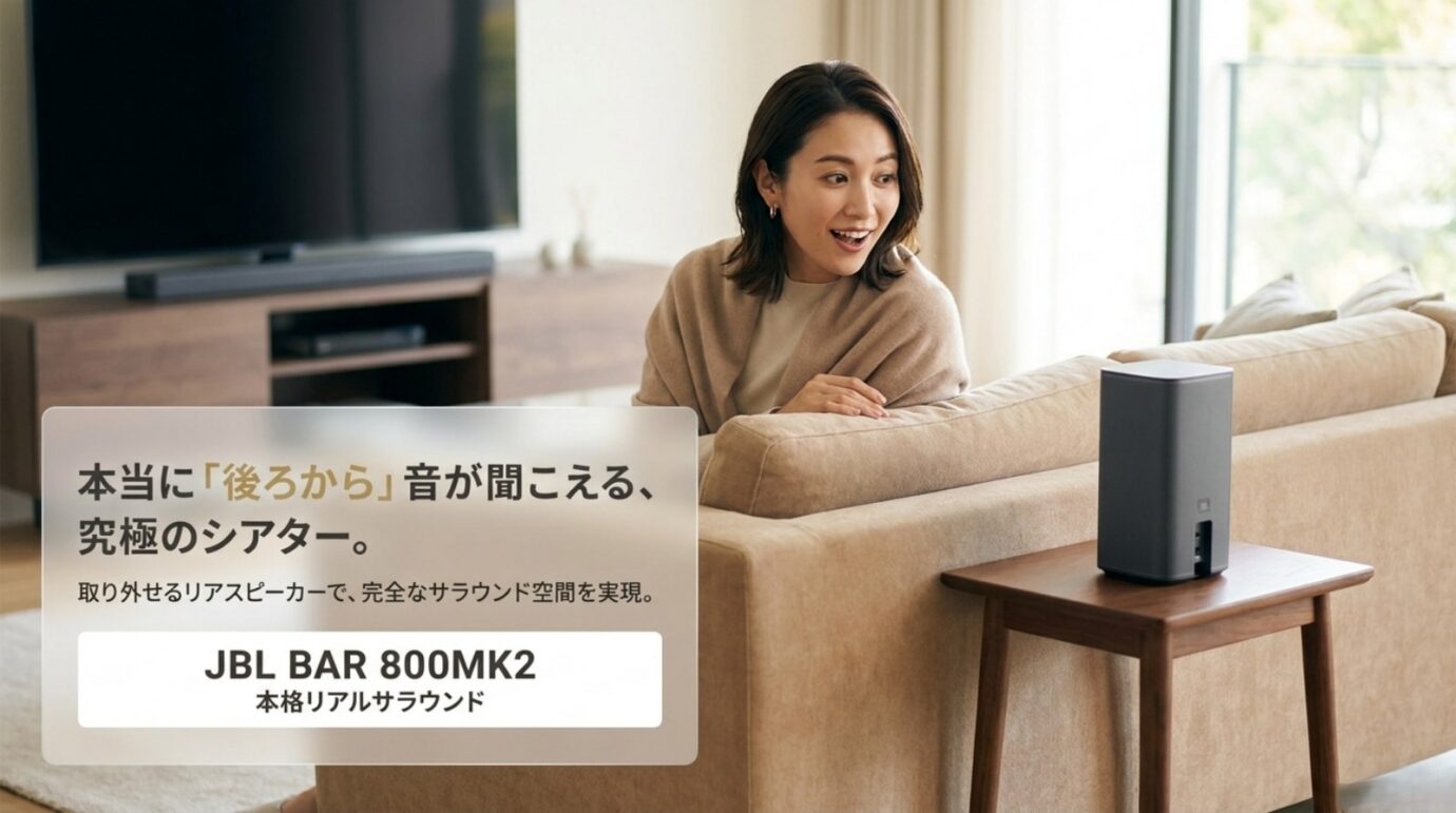 取り外せるリアスピーカーで後方から音を再生するJBL BAR 800MK2のスライド