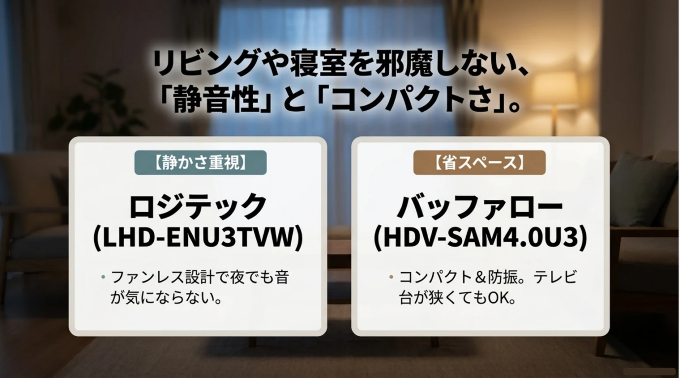 ロジテックとバッファローのタイムシフトHDD比較 静音性重視のロジテックLHD-ENU3TVWと省スペース重視のバッファローHDV-SAM4.0U3を比較するスライド