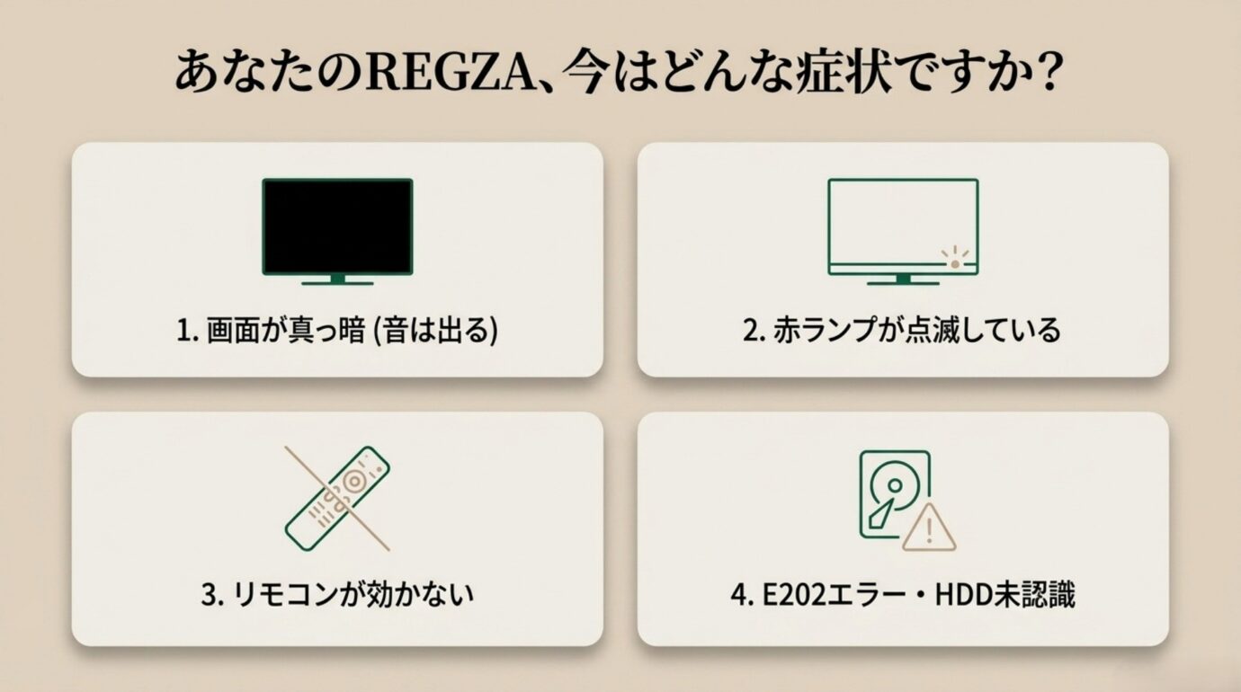 REGZAの症状別故障診断 画面真っ暗、赤ランプ点滅、リモコン不調、E202とHDD未認識の4症状