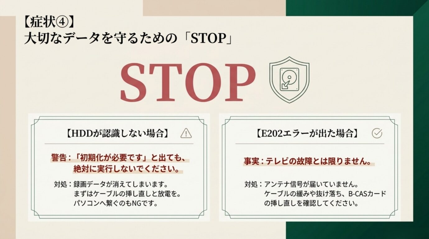 REGZAのHDD未認識とE202の注意点 HDD未認識時は初期化せずE202時はアンテナやB-CASカードを確認する注意図