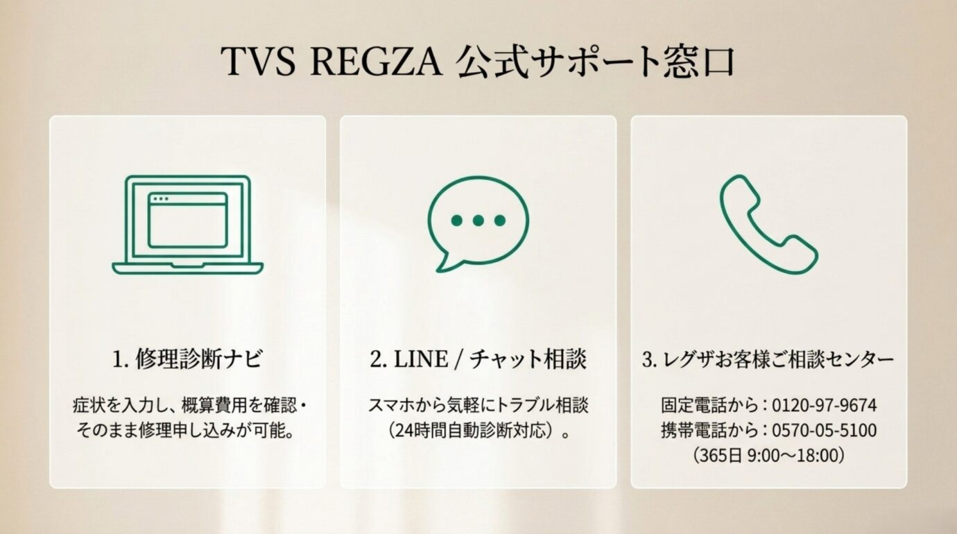 TVS REGZA公式サポート窓口 修理診断ナビ、LINEとチャット、レグザお客様ご相談センターの3つの窓口