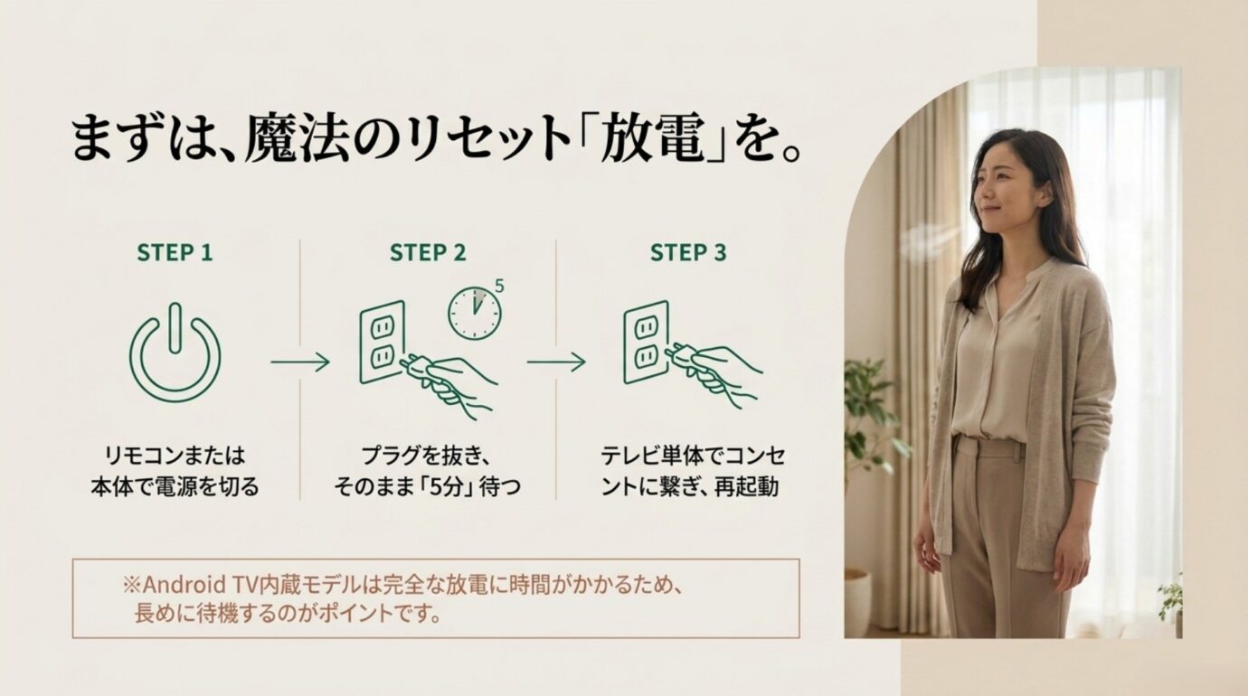 REGZAの放電リセット手順 REGZAの電源を切りプラグを抜いて5分待ち再接続する放電リセット3手順