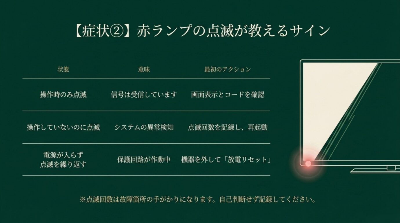 REGZAの赤ランプ点滅の見分け方 REGZAの赤ランプが操作時のみ点滅する場合と異常時の対応を比較した表