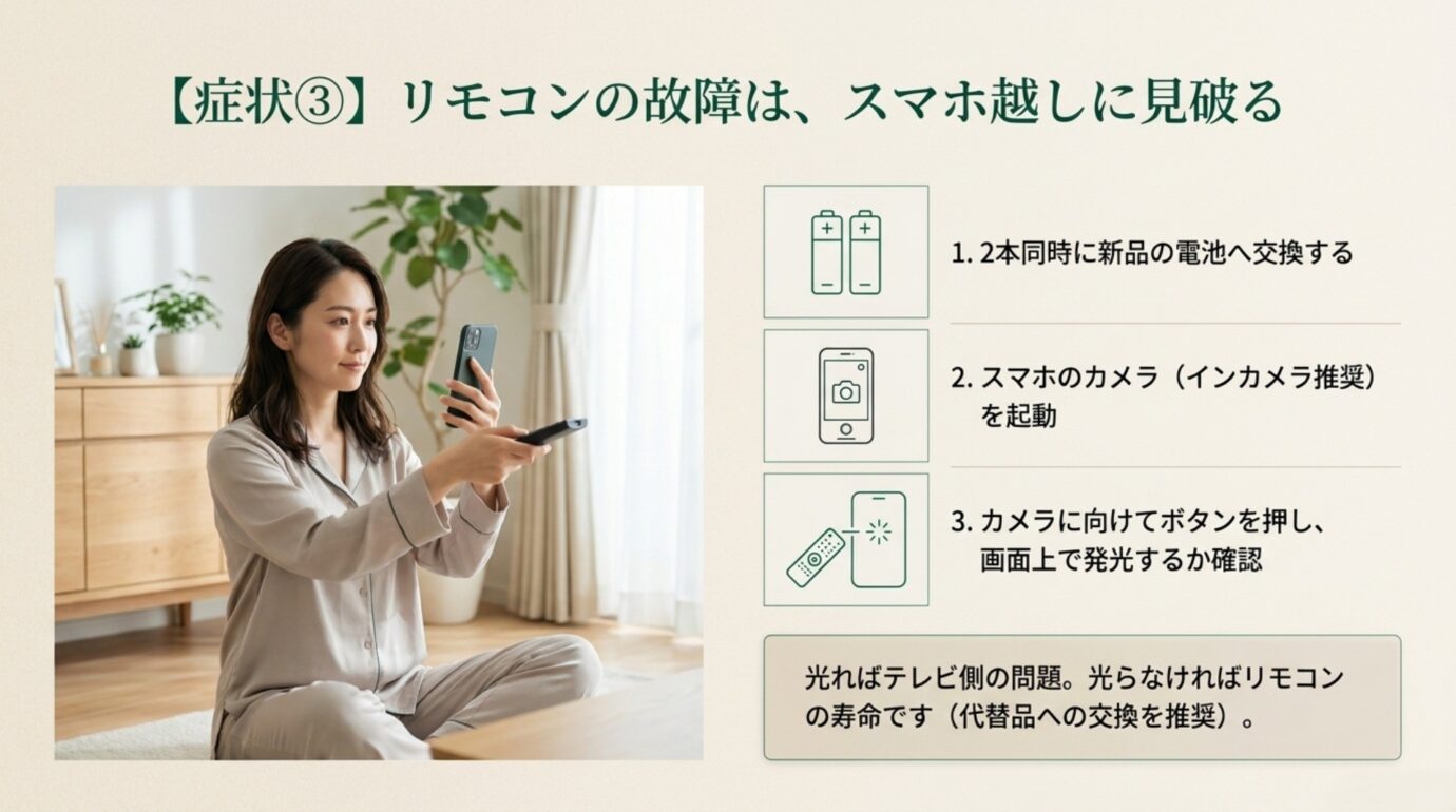 REGZAリモコンの赤外線確認方法 電池交換とスマートフォンのカメラでREGZAリモコンの赤外線発光を確認する手順