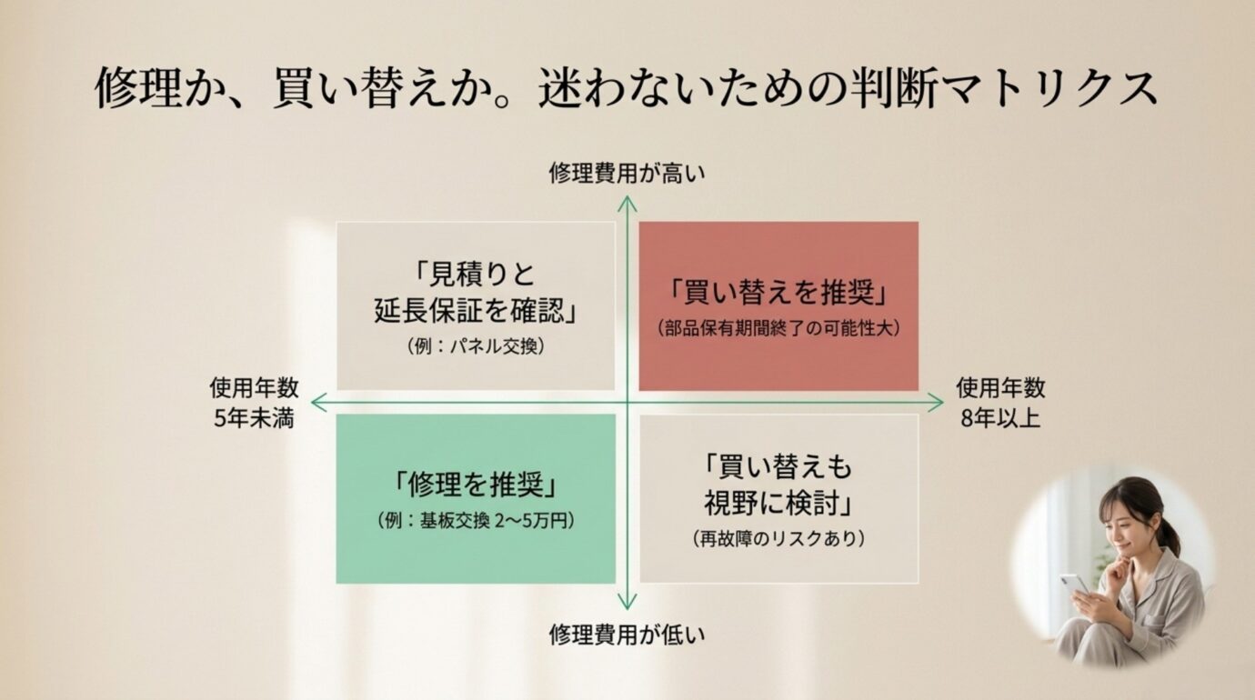 REGZAの修理と買い替え判断マトリクス 使用年数と修理費用からREGZAを修理するか買い替えるか判断する4象限図