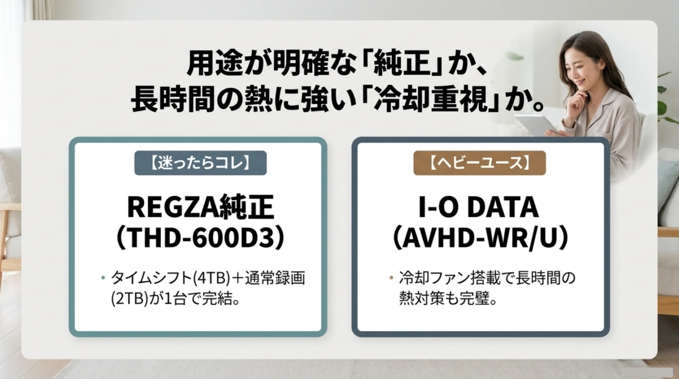 REGZA純正THD-600D3とI-O DATA AVHD-WR/Uの比較 REGZA純正THD-600D3とI-O DATA AVHD-WR/Uを用途と冷却性能で比較するスライド