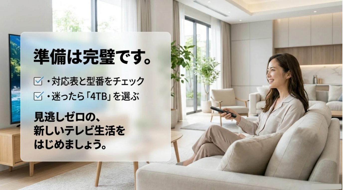 REGZAタイムシフトHDD購入前の最終チェック REGZAの対応表とテレビ型番を確認し迷ったら4TBを選ぶ最終チェックを示すスライド