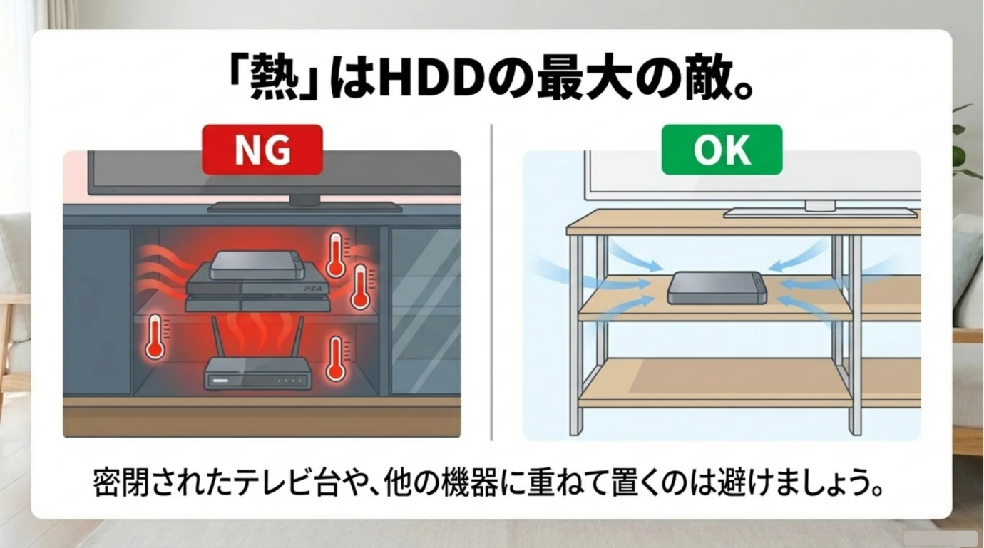 REGZAタイムシフトHDDの熱対策と設置方法 REGZAタイムシフトHDDを密閉ラックや他機器の上に置かず通気のよい場所へ設置する例