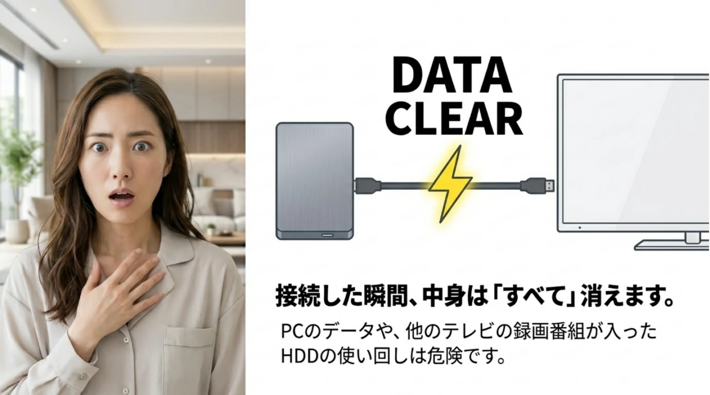 REGZAタイムシフトHDD初期化時のデータ消去注意 REGZAへHDDを登録して初期化するとパソコンのデータや他のテレビの録画番組が消去される注意点を示すスライド