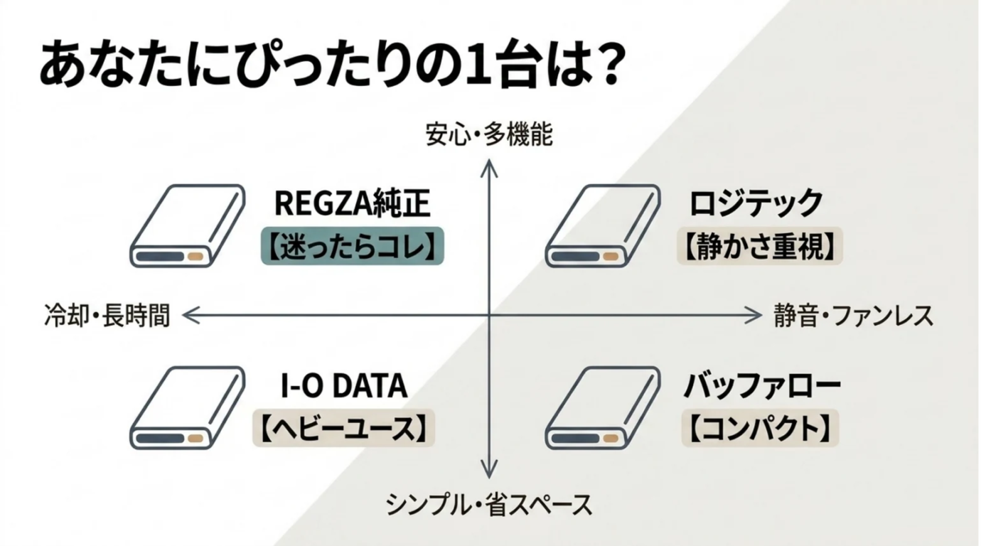 REGZAタイムシフトHDDの用途別モデル比較 REGZA純正、I-O DATA、ロジテック、バッファローのタイムシフトHDDを用途別に配置した比較図