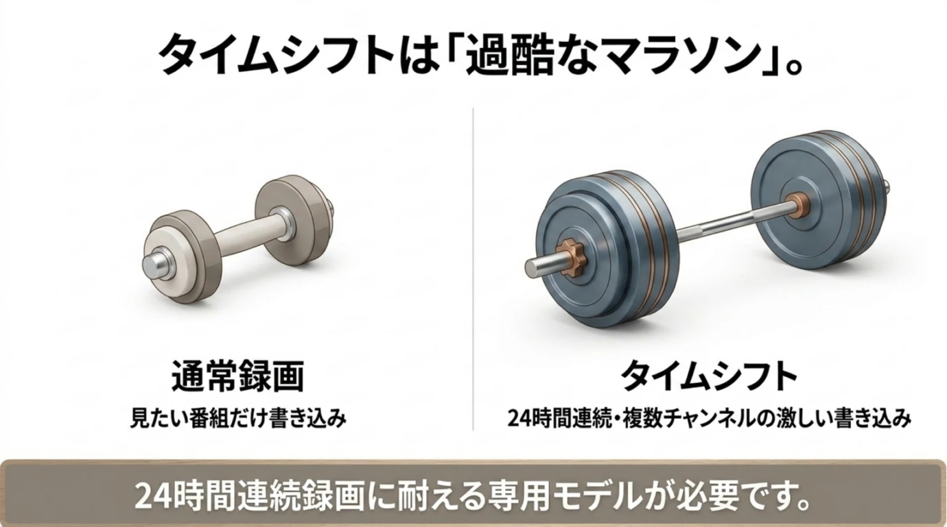 タイムシフト録画と通常録画のHDD負荷の違い 通常録画よりタイムシフト録画のほうがHDDへの書き込み負荷が大きいことを重量で表現したスライド