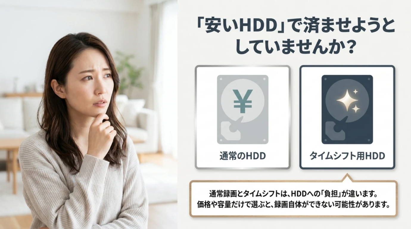 通常録画用HDDとタイムシフト用HDDの違い 安い通常録画用HDDとタイムシフト用HDDの違いを確認する必要性を示すスライド