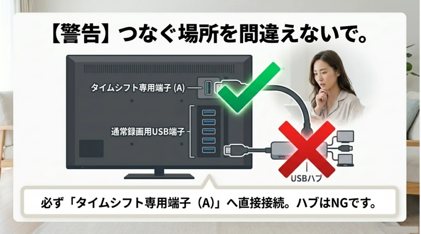 REGZAタイムシフトHDDのUSB端子接続方法 REGZAのタイムシフト専用端子AへHDDを直接接続しUSBハブを避ける方法を示すスライド