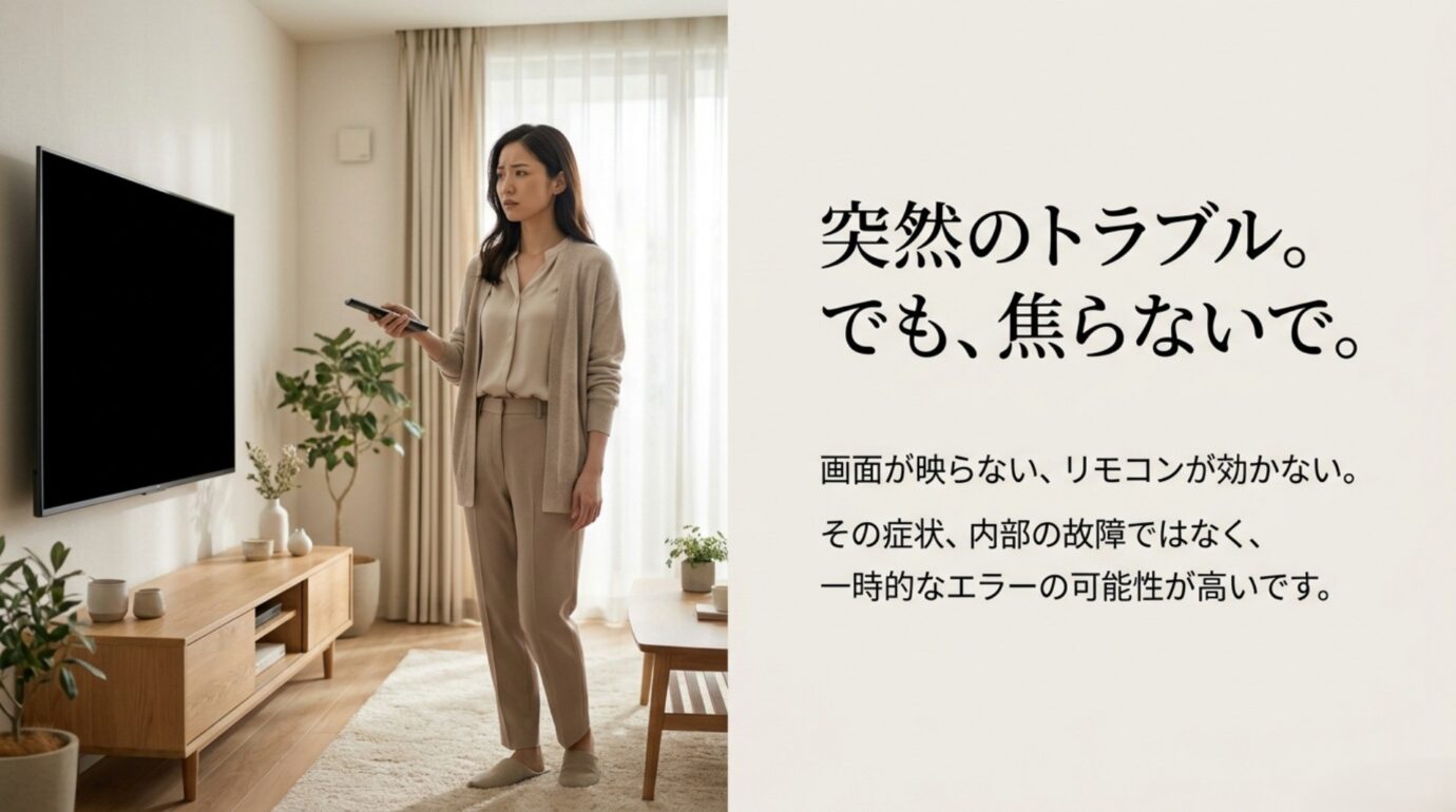 REGZAの突然のトラブルは焦らず確認 画面が映らない、リモコンが効かない症状は一時的なエラーの可能性があると案内するスライド