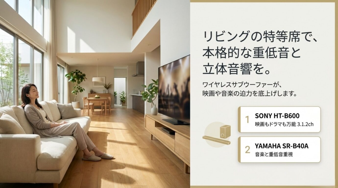 広いリビング向けにソニー HT-B600とヤマハ SR-B40Aを比較するスライド