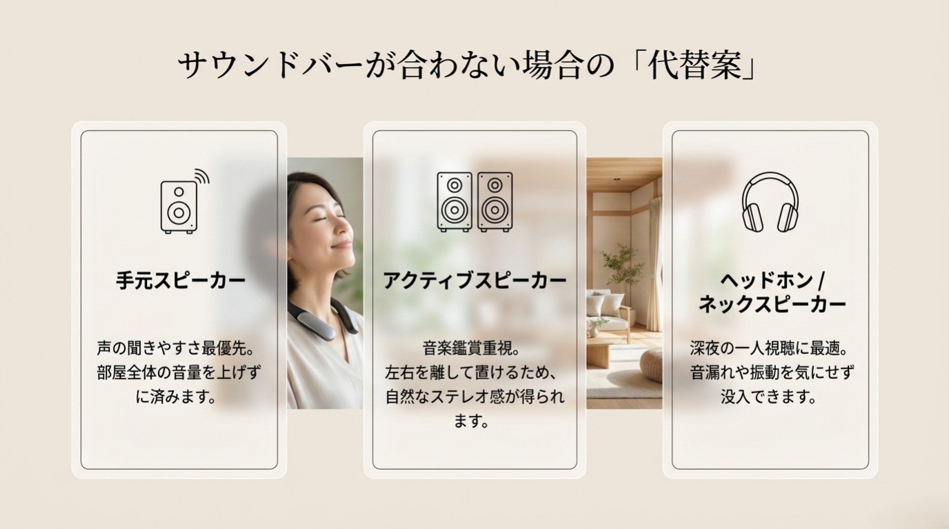 サウンドバーが合わない場合に選べる手元スピーカー、アクティブスピーカー、ヘッドホンとネックスピーカーの比較